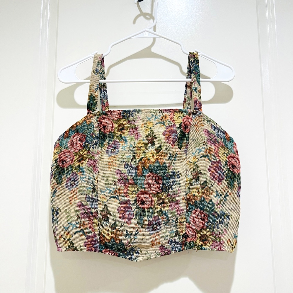 Floral Tapestry Corset Crop Top XL Smocked Back Cottagecore victorian floral y2k